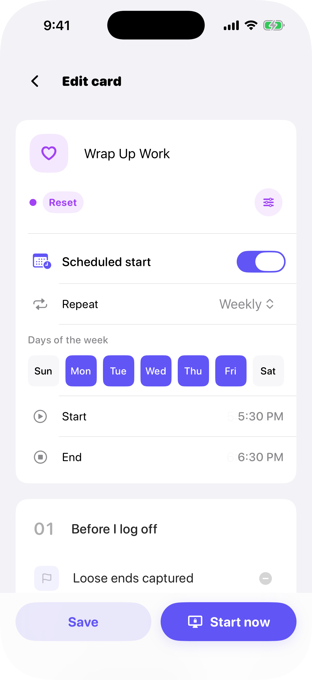 CueCard schedule settings in English, showing repeat days and start time